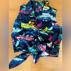 Vintage small tiki boat button up tie up shirt